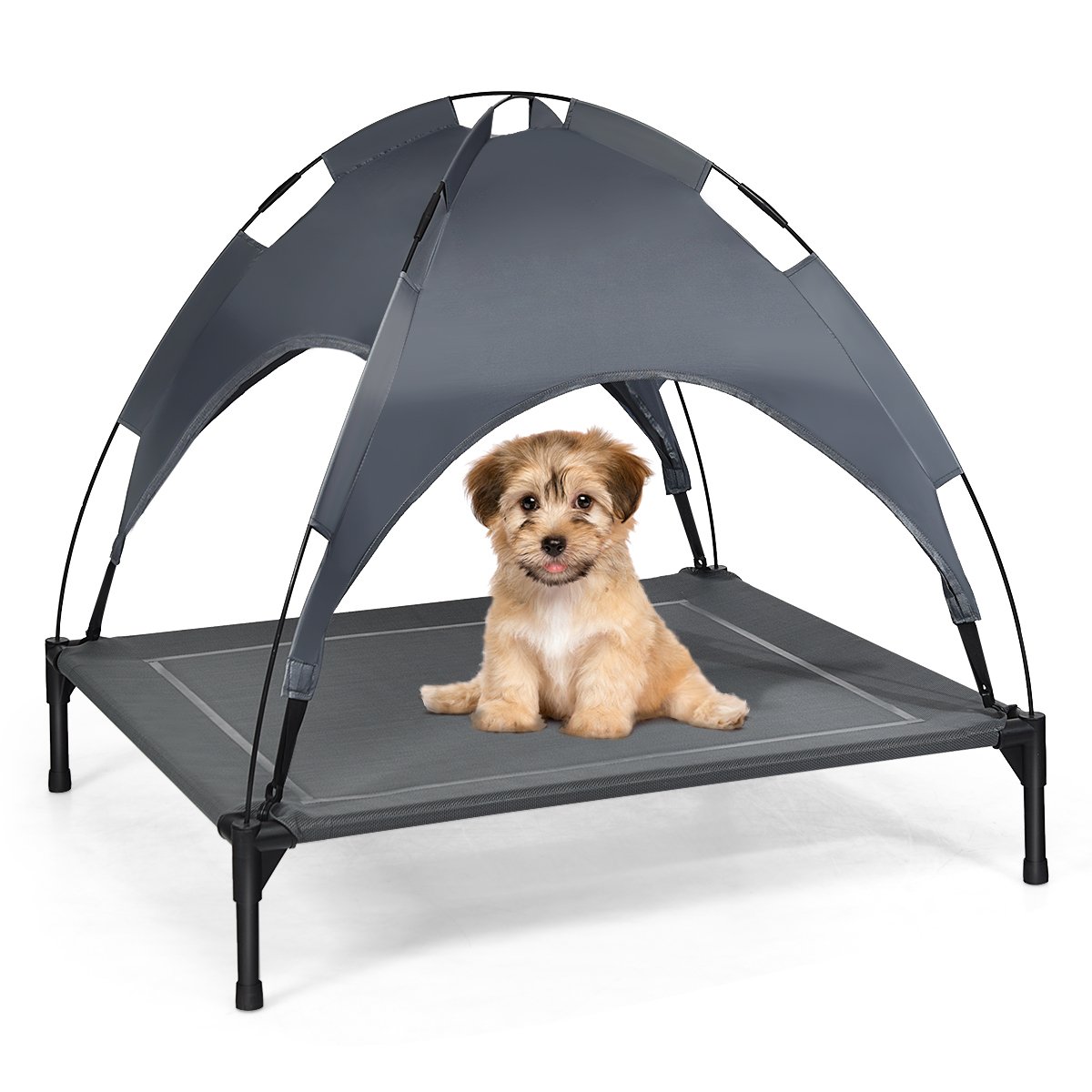Costway - Hundebett xxl, Hundebett Outdoor, Hundebett mit Dach, Erhöhtes Hundebett, abnehmbarer Überdachung, Haustierbett, 90 x 81 x 86 cm, Grau