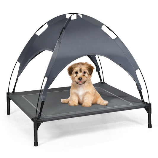 Costway - Hundebett xxl, Hundebett Outdoor, Hundebett mit Dach, Erhöhtes Hundebett, abnehmbarer Überdachung, Haustierbett, 90 x 81 x 86 cm, Grau