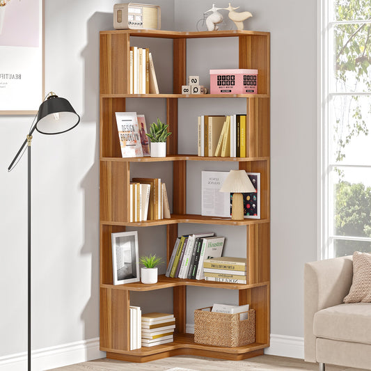 Eck Bücherregal, 6 Etagen, 60 x 60 x 166 cm, Eckregal mit Holzmaserung, Bücherregal, Aufbewahrungsregal für Heimbüro, Wohnzimmer, Tribesigns, 1