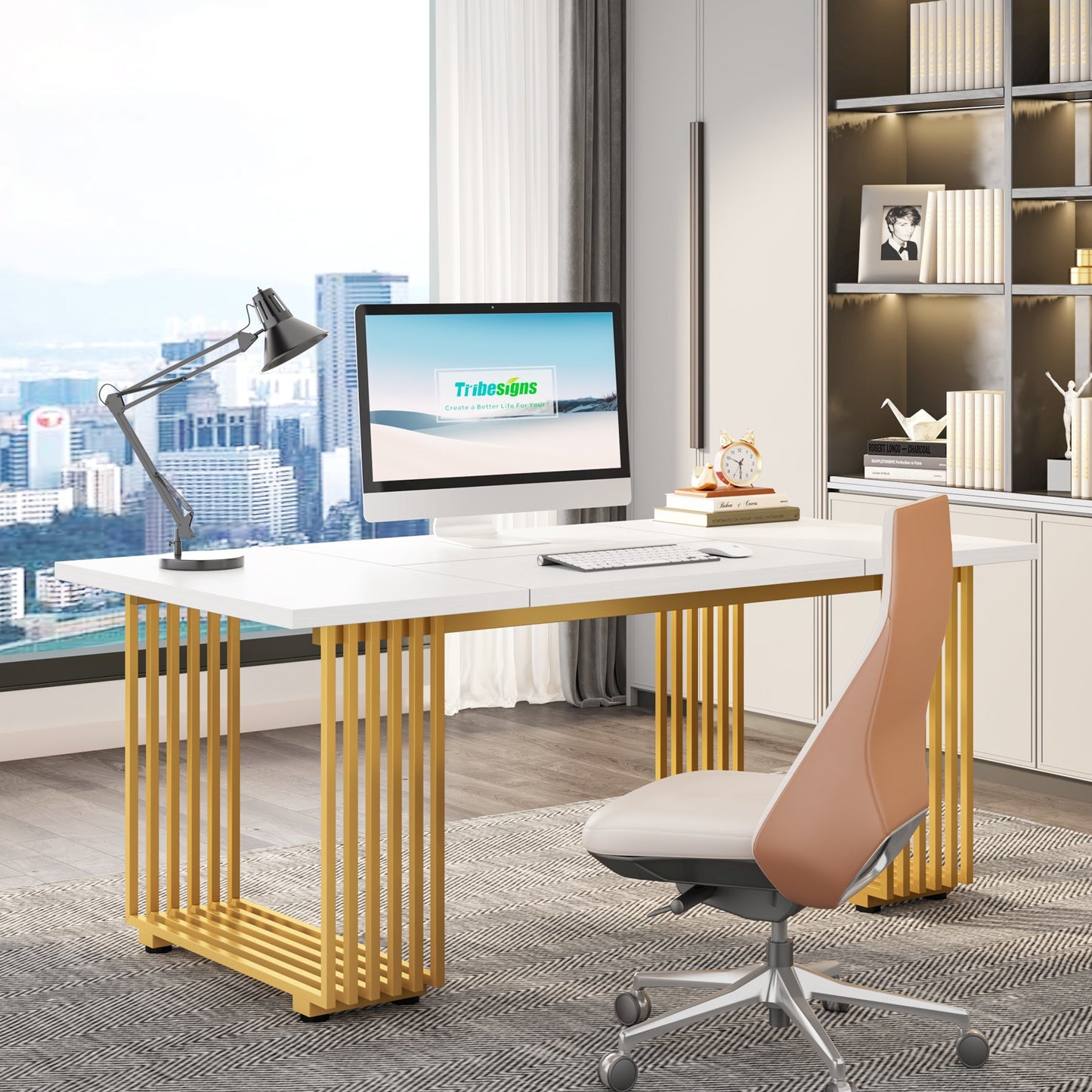 Schreibtisch, 180 x 79 x 78 cm, Computertisch, mit goldenem Beine für Home Office, Bürotisch, Konferenztisch, Weiß Gold, Tribesigns, 2