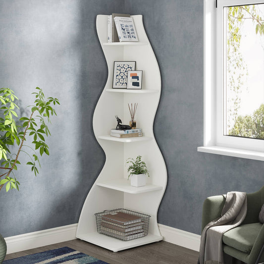 Eck Büchregal, 5 Ebenen, Eckregal, 50 x 48 x 177,5 cm, Bücherständer, Robuste Konstruktion, Weißes Regal, Tribesigns, 4