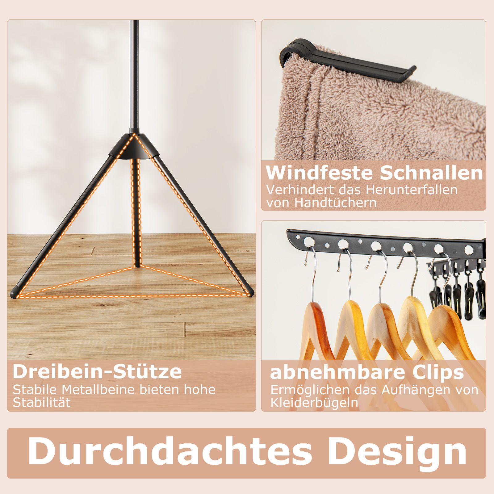 Wäscheständer Turm, 3-stufiger, Wäscheständer klappbar, Wäscheständer hoch 178cm, drehbare Arme, Schwarz, Costway, 5