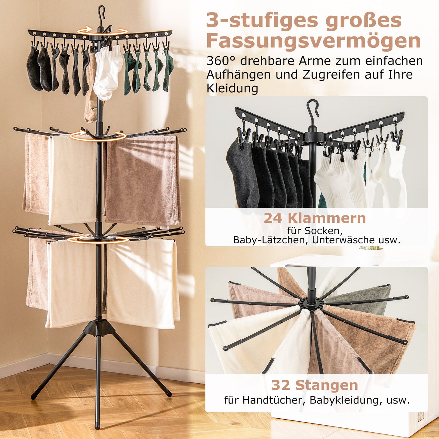 Costway - Wäscheständer Turm, 3-stufiger, Wäscheständer Klappbar, Wäscheständer hoch 178cm, mit 24 Clips & 32 Stangen, drehbare Arme, Schwarz