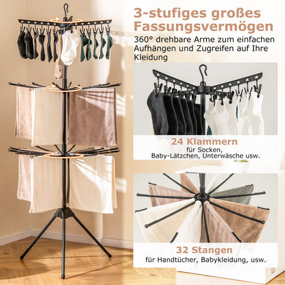 Costway - Wäscheständer Turm, 3-stufiger, Wäscheständer Klappbar, Wäscheständer hoch 178cm, mit 24 Clips & 32 Stangen, drehbare Arme, Schwarz