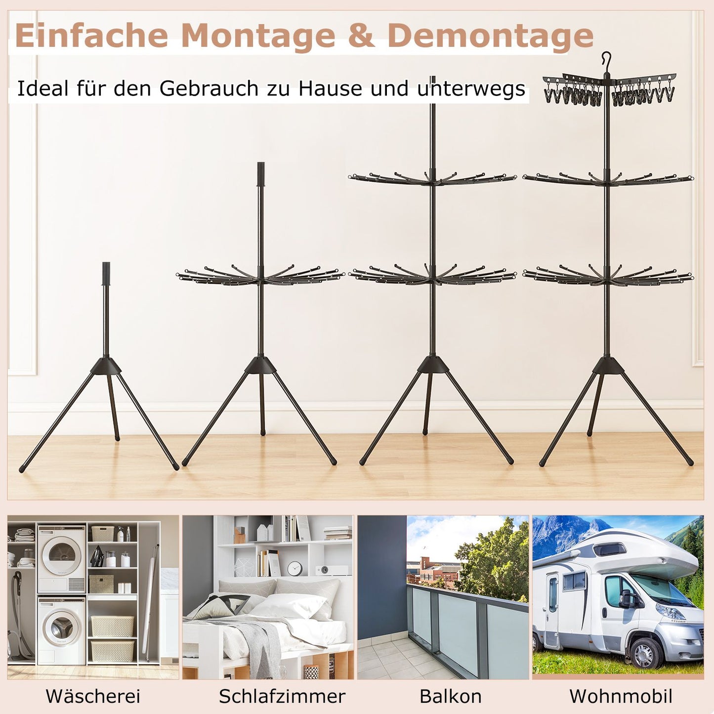 Wäscheständer Turm, 3-stufiger, Wäscheständer klappbar, Wäscheständer hoch 178cm, drehbare Arme, Schwarz, Costway, 8