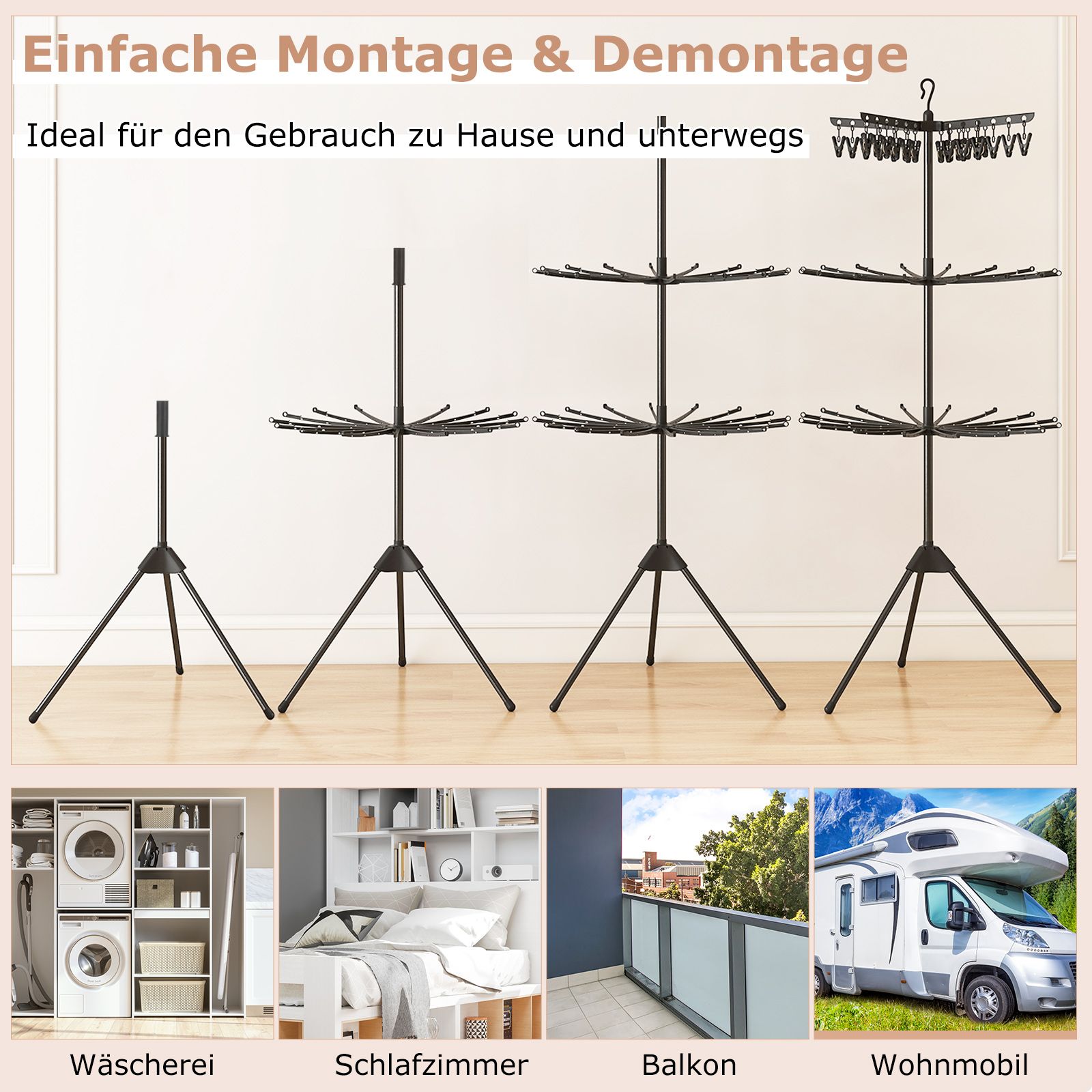 Wäscheständer Turm, 3-stufiger, Wäscheständer klappbar, Wäscheständer hoch 178cm, drehbare Arme, Schwarz, Costway, 8