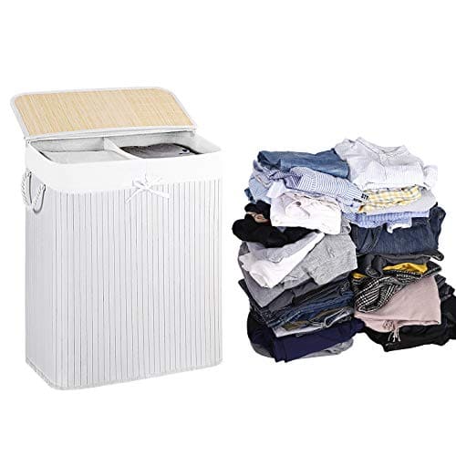SONGMICS - Wäschekorb aus Bambus, 100 L Wäschebox, Wäschesammler, mit 2 Fächern, Wäschesortierer mit Deckel und herausnehmbarem Wäschesack