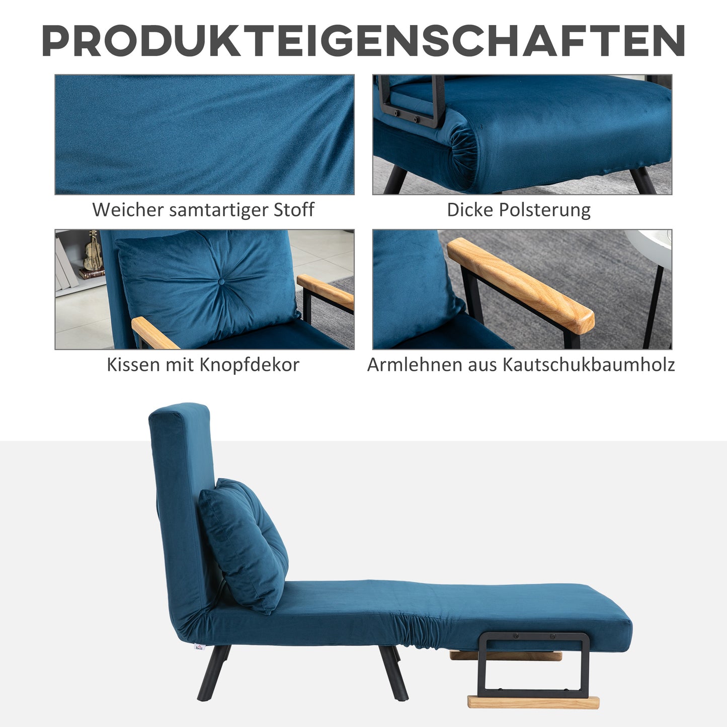 HOMCOM - Schlafsofa Relaxsessel Bettfunktion Gästebett Samt Rückenkissen verstellbare Rückenlehne 63x73x81cm, Blau