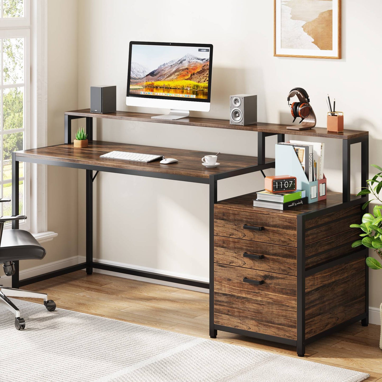 Schreibtisch mit Schubladen, Computertisch, 160x50x90cm, mit Druckerplatz und Monitorständer, Ergonomischer Bürotisch, für Home Office, Tribesigns, 2
