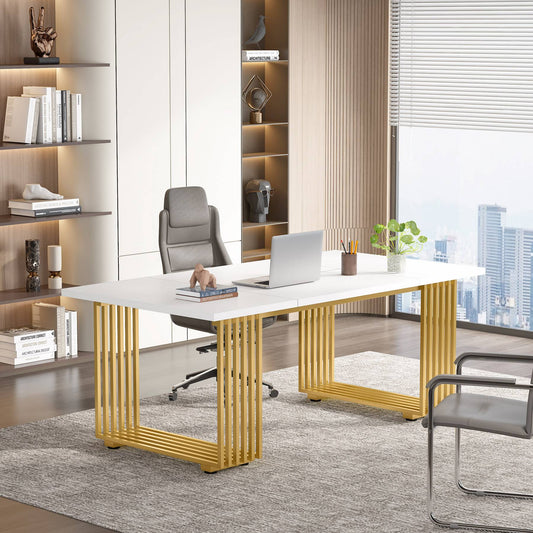 Schreibtisch, 180 x 79 x 78 cm, Computertisch, mit goldenem Beine für Home Office, Bürotisch, Konferenztisch, Weiß Gold, Tribesigns, 1