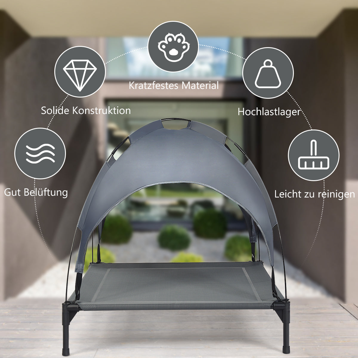 Costway - Hundebett xxl, Hundebett Outdoor, Hundebett mit Dach, Erhöhtes Hundebett, abnehmbarer Überdachung, Haustierbett, 90 x 81 x 86 cm, Grau