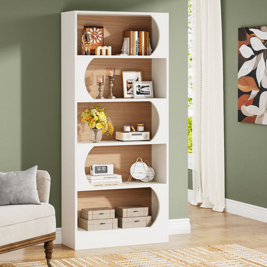 Bücherregal, 5-Stöckiges, Schmales Regal 80x30x180 cm, Standbücherregal mit Lagerregalen, Große Offene Aufbewahrungsregal, Weiß Walnuss, Tribesigns, 5