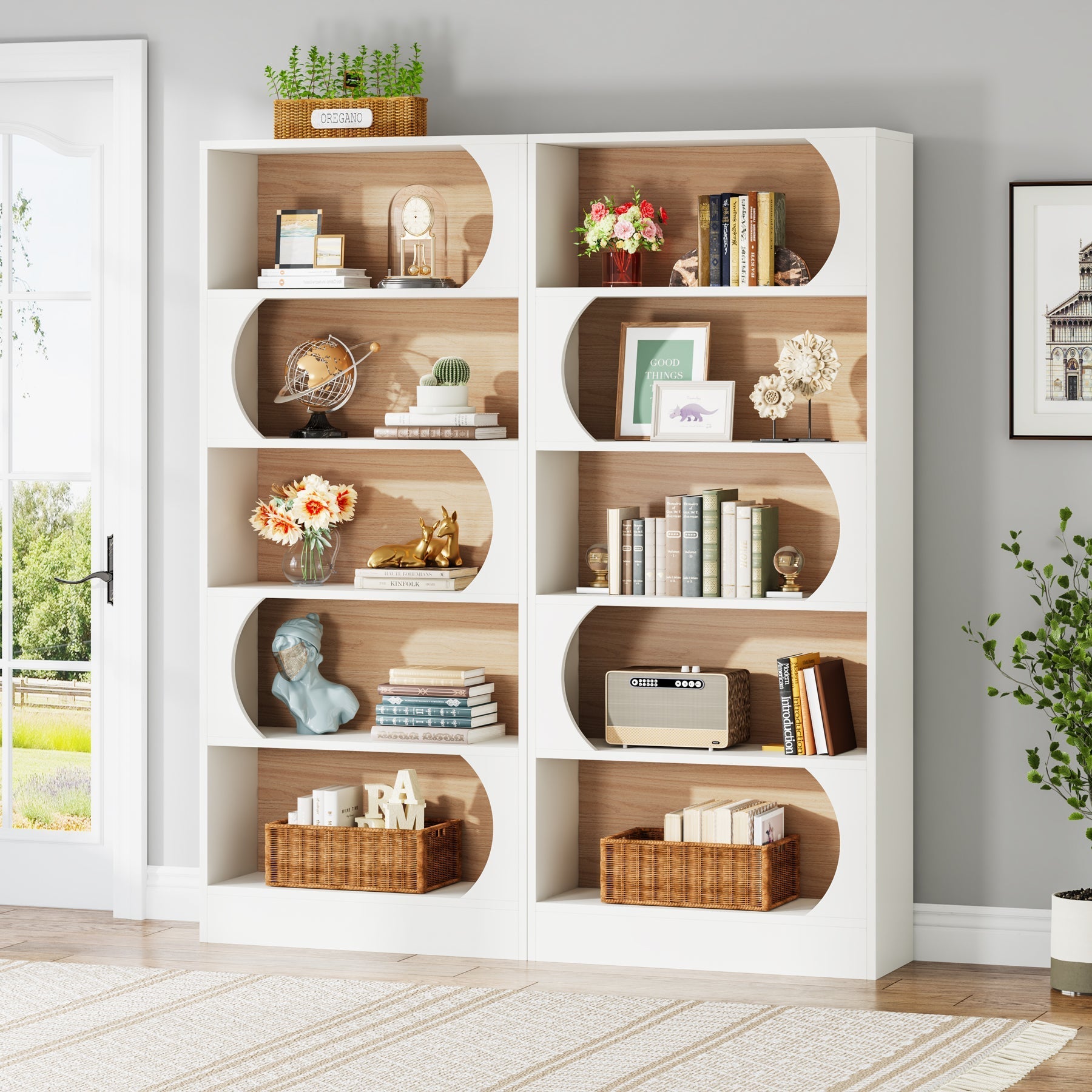 Bücherregal, 5-Stöckiges, Schmales Regal 80x30x180 cm, Standbücherregal mit Lagerregalen, Große Offene Aufbewahrungsregal, Weiß Walnuss, Tribesigns, 8