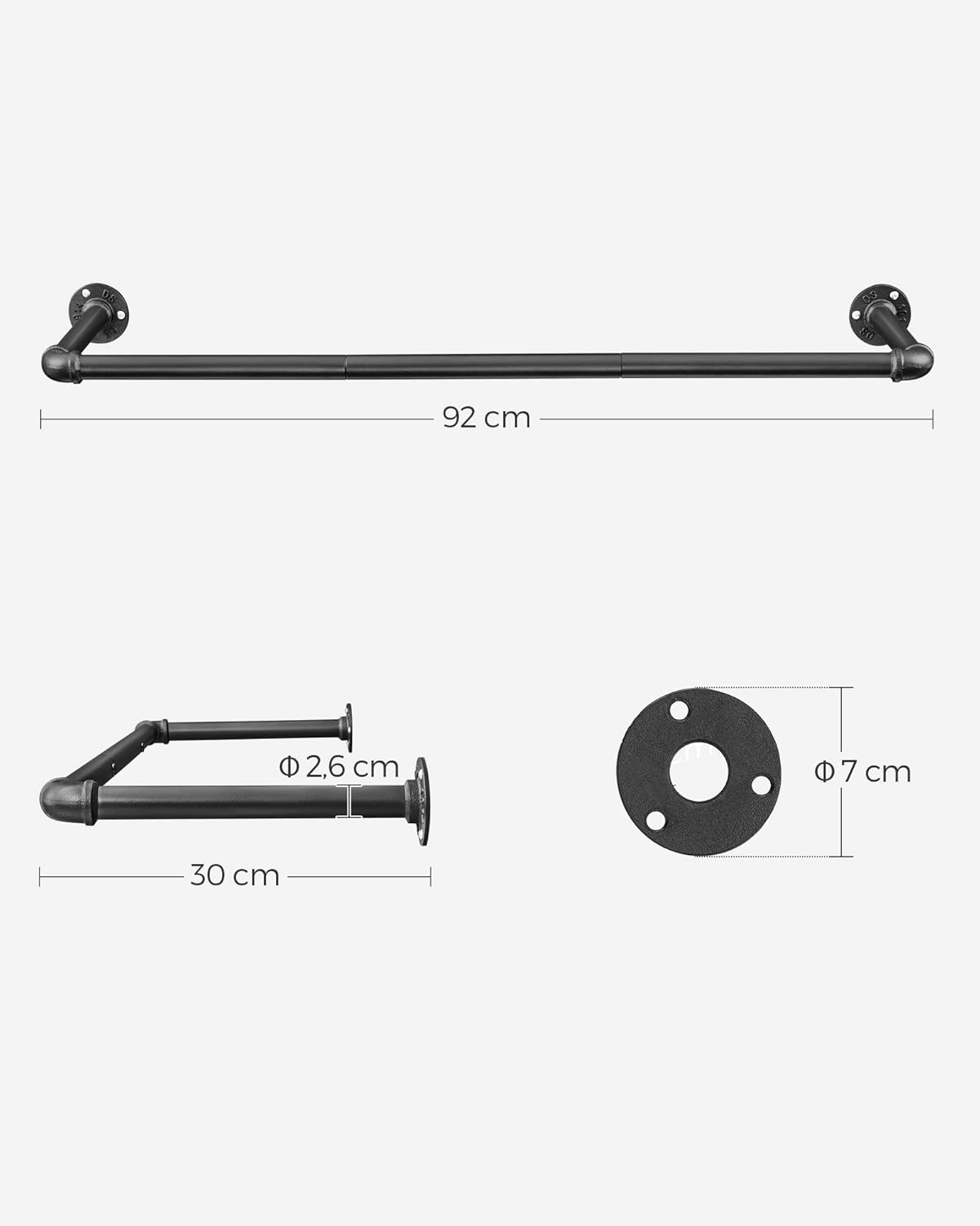Kleiderstange Wand, 2er Set, Garderobenstangen, bis 60kg, Platzsparend, Kleiderstange Wandmontage, Schwarz, SONGMICS, 1