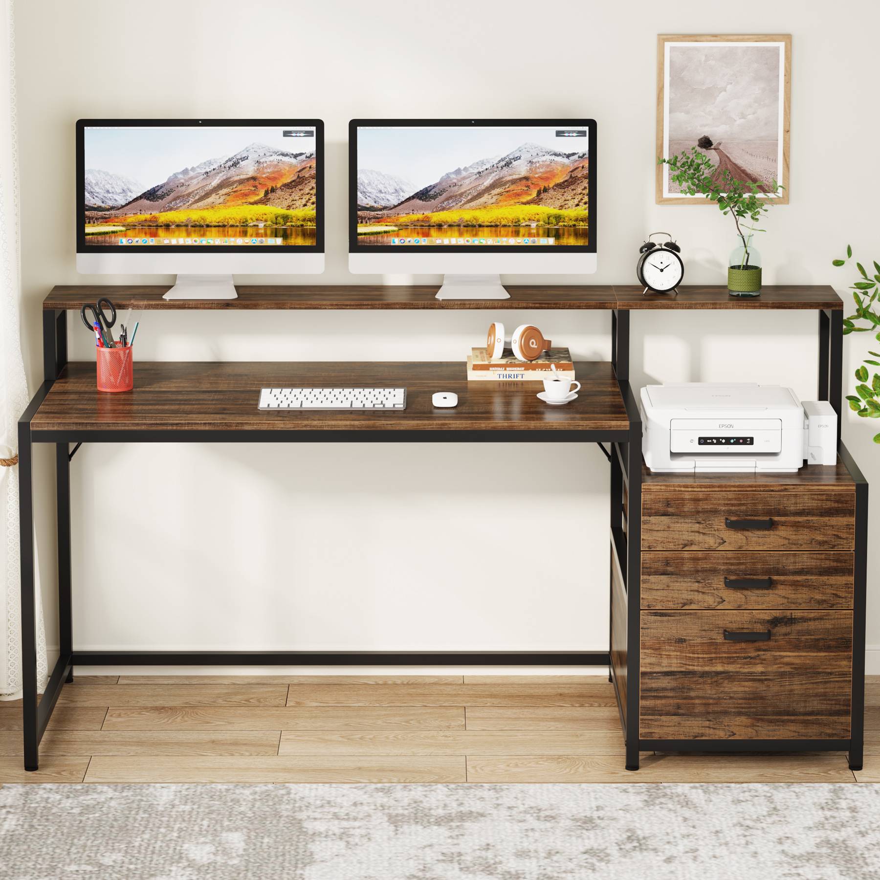 Schreibtisch mit Schubladen, Computertisch, 160x50x90cm, mit Druckerplatz und Monitorständer, Ergonomischer Bürotisch, für Home Office, Tribesigns, 3