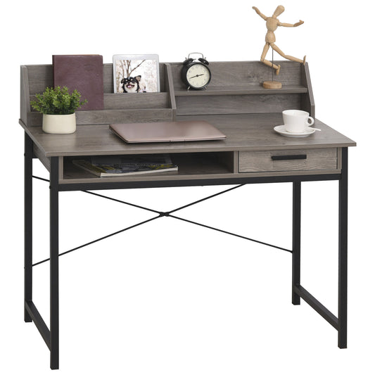 HOMCOM - Schreibtisch  mit Regal und Schublade, Computertisch, Bürotisch, industrieller Stil, MDF, Metall, Grau+Schwarz, 106x53x95cm