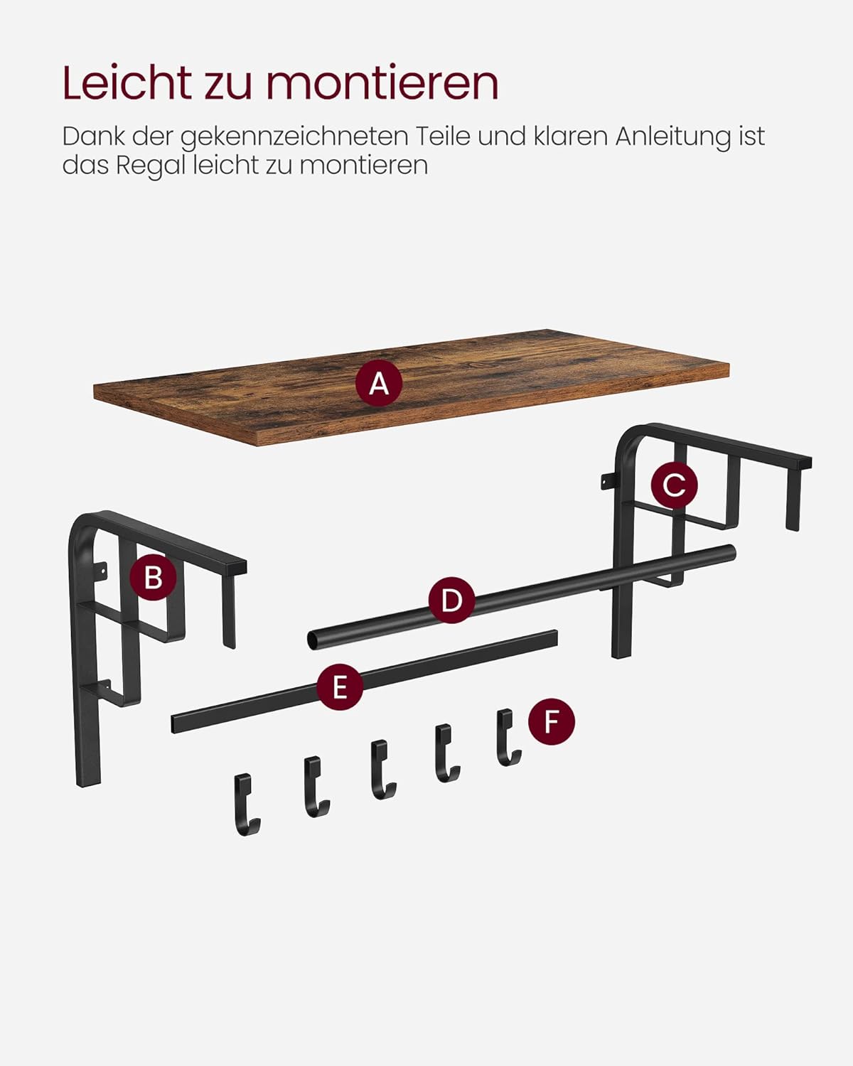 Wandgarderobe, 66x30x27cm, Wandgarderobe mit Ablage, 5 abnehmbaren Haken, Rustikales Braun, Schwarz, VASAGLE, 1