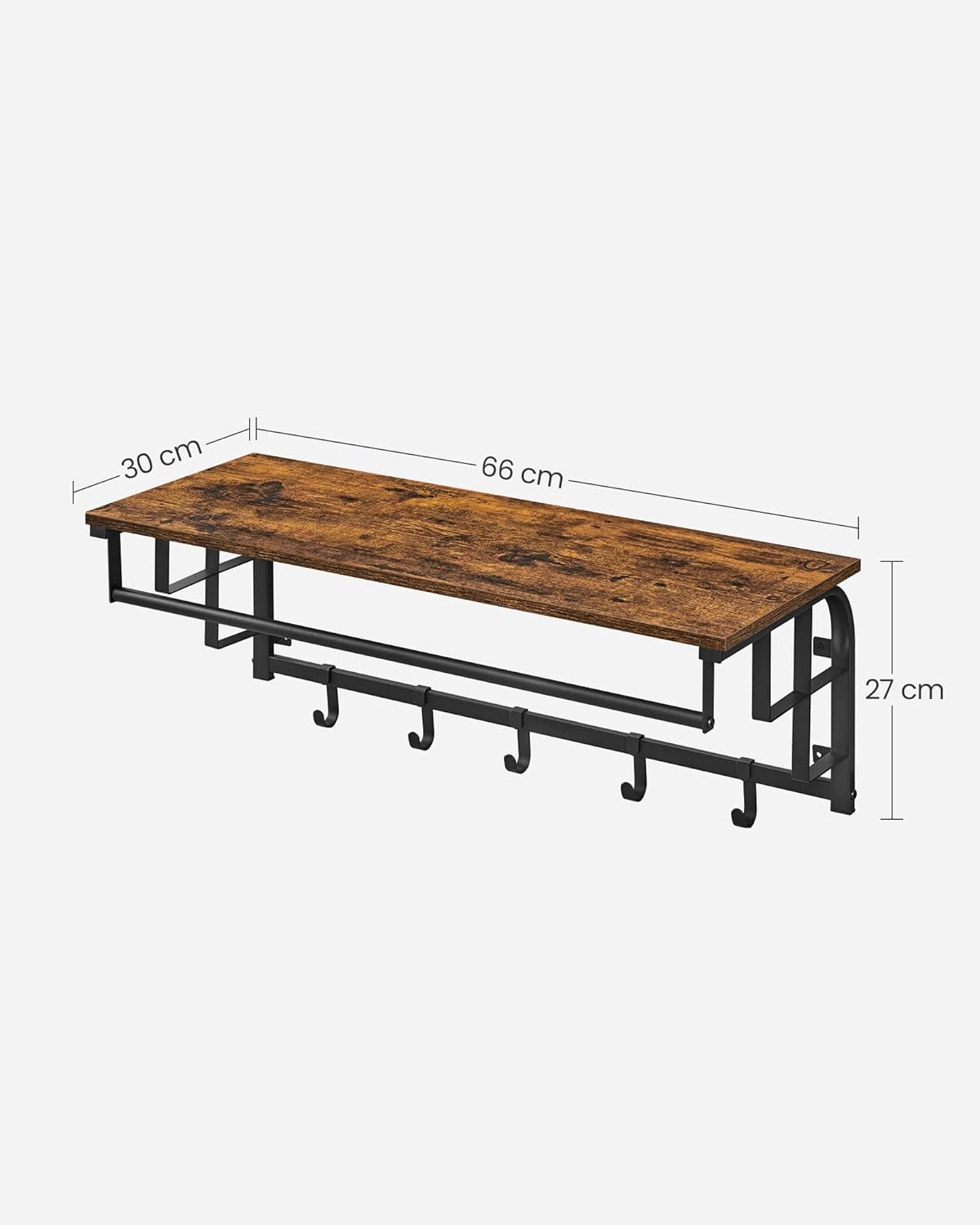 Wandgarderobe, 66x30x27cm, Wandgarderobe mit Ablage, 5 abnehmbaren Haken, Rustikales Braun, Schwarz, VASAGLE, 1