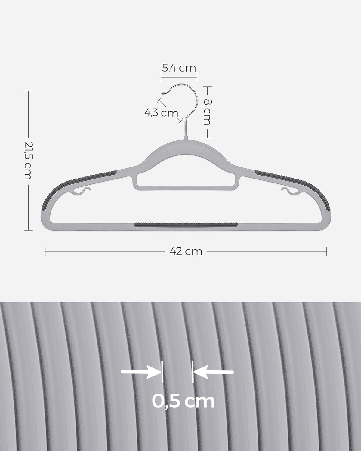 Kleiderbügel 30er Set, Hosenbügel, 42cm, Garderobenbügel, Platzsparend, aus Kunststoff, Grau, SONGMICS, 6