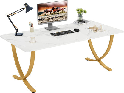 Schreibtisch, 160x80x75 cm, Computertisch, mit Tischplatte aus Kunstmarmor und Metallbeinen, für Home Office, Konferenztisch, Weiß Gold, Tribesigns, 7