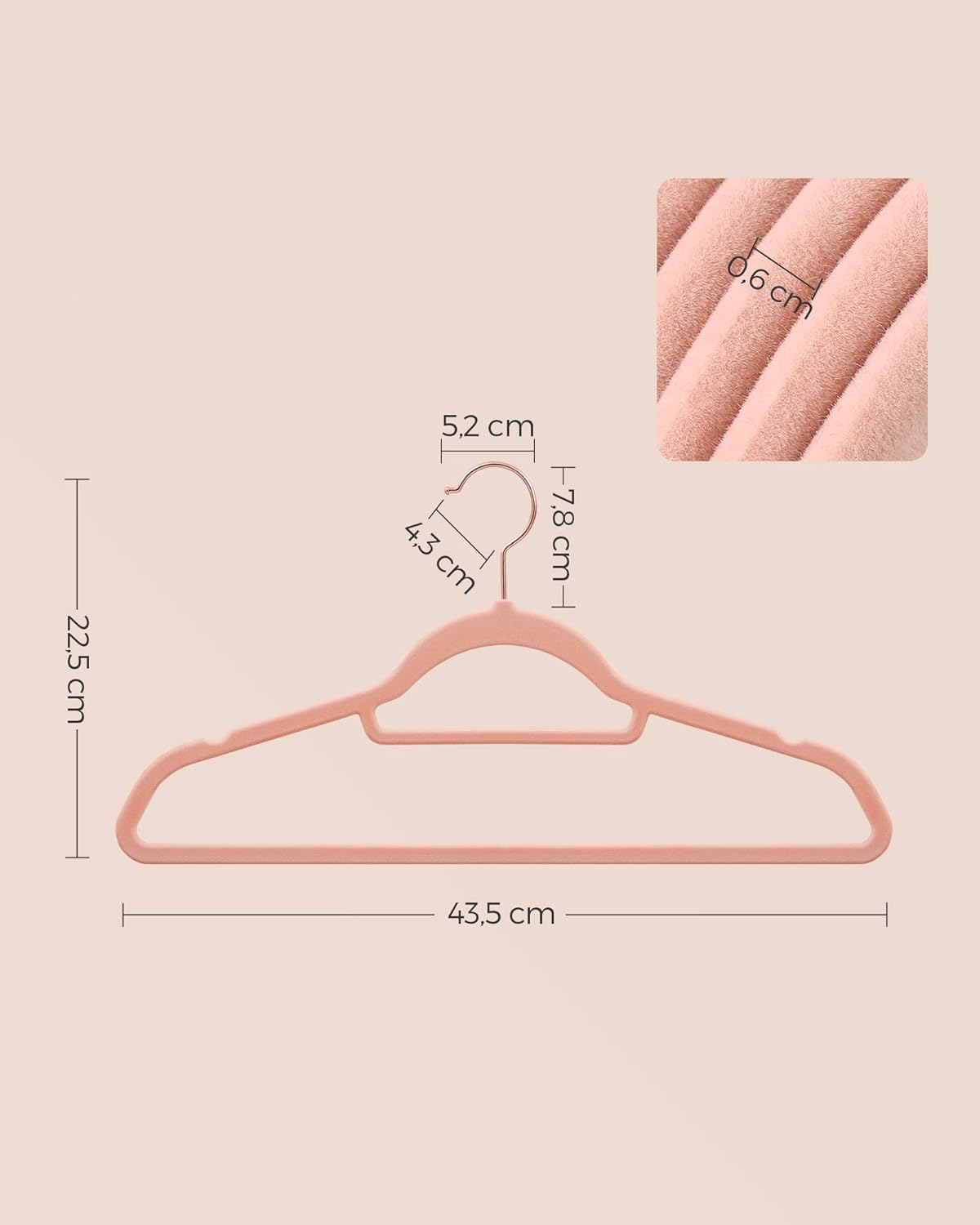 Kleiderbügel Samt, 50er Set, Hosenbügel, 43,5cm, Samtbügel, mit Stange für Krawatten, Roségold-Rosa, SONGMICS, 8