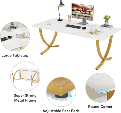 Schreibtisch, 160x80x75 cm, Computertisch, mit Tischplatte aus Kunstmarmor und Metallbeinen, für Home Office, Konferenztisch, Weiß Gold, Tribesigns, 6