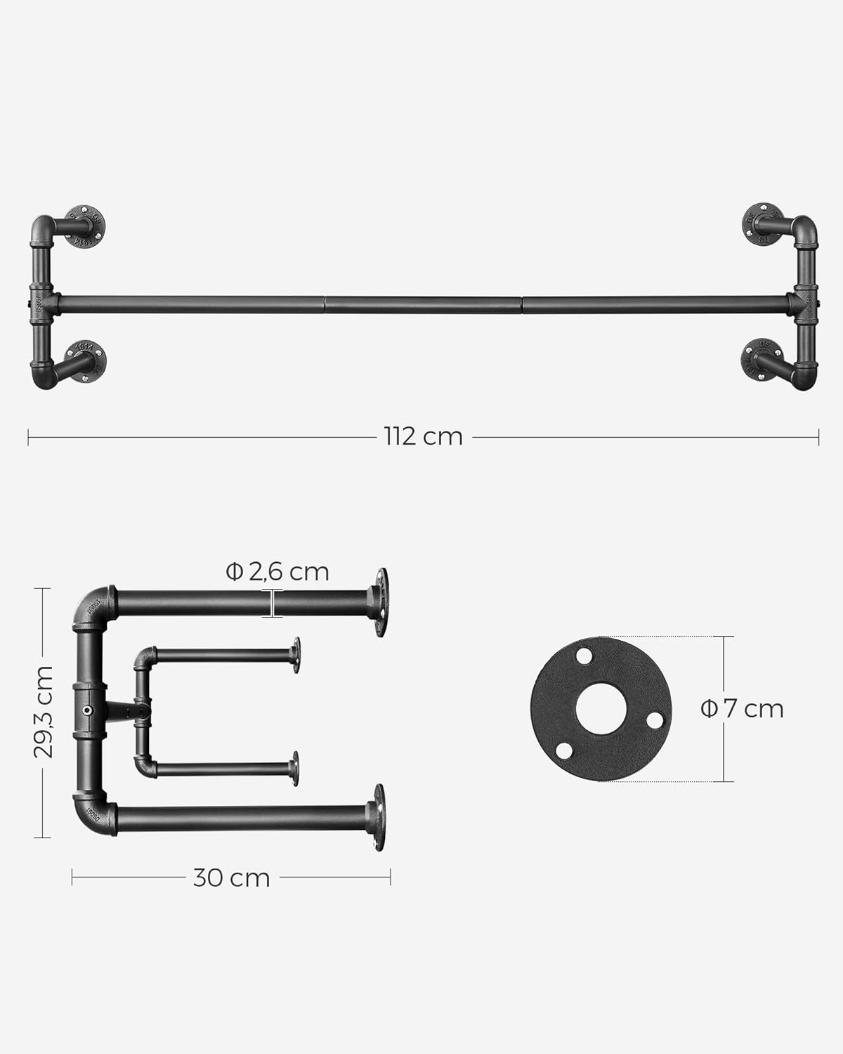 Kleiderstange Wand, 2er Set, Kleiderstange, 30x112x29,3cm, bis 60 kg belastbar, Schwarz, SONGMICS, 1