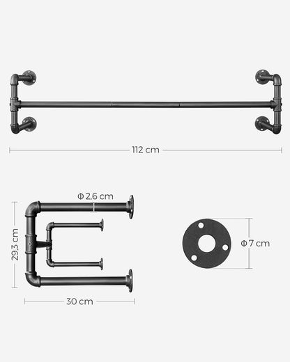 Kleiderstange Wand, 2er Set, Kleiderstange, 30x112x29,3cm, bis 60 kg belastbar, Schwarz, SONGMICS, 1