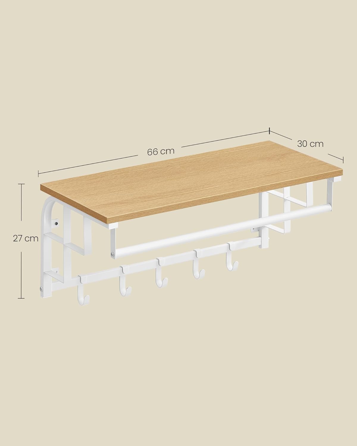 Wandgarderobe, 66x30x27cm, Wandgarderobe mit Ablage, 5 abnehmbaren Haken, Eichen-Weiß, VASAGLE, 1