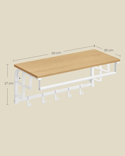 Wandgarderobe, 66x30x27cm, Wandgarderobe mit Ablage, 5 abnehmbaren Haken, Eichen-Weiß, VASAGLE, 1