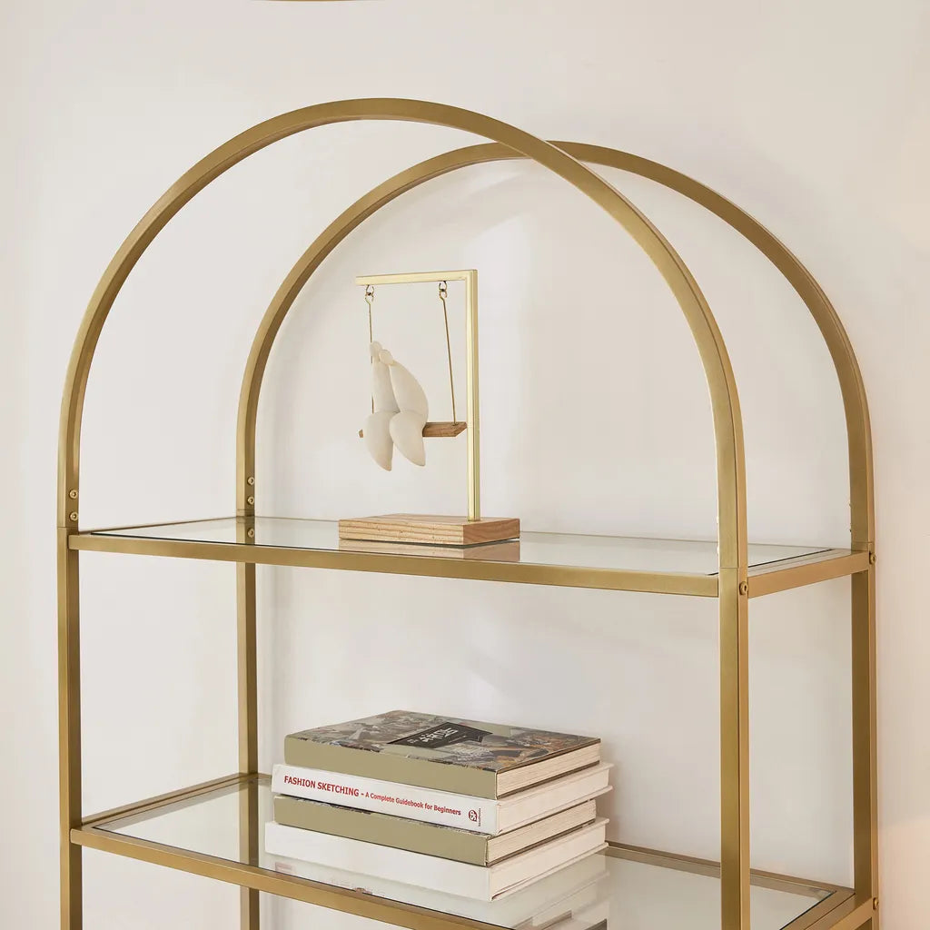 Bücherregal mit 5 Ebenen 183,5 cm hoch Standregal aus Hartglas stabil einfach Aufbau bogenförmig golden, Vasagle, 3