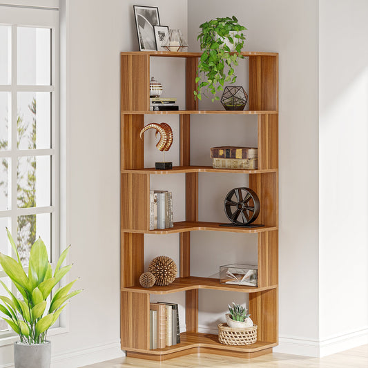 Eck Bücherregal, 6 Etagen, 60 x 60 x 166 cm, Eckregal mit Holzmaserung, Bücherregal, Aufbewahrungsregal für Heimbüro, Wohnzimmer, Tribesigns, 3