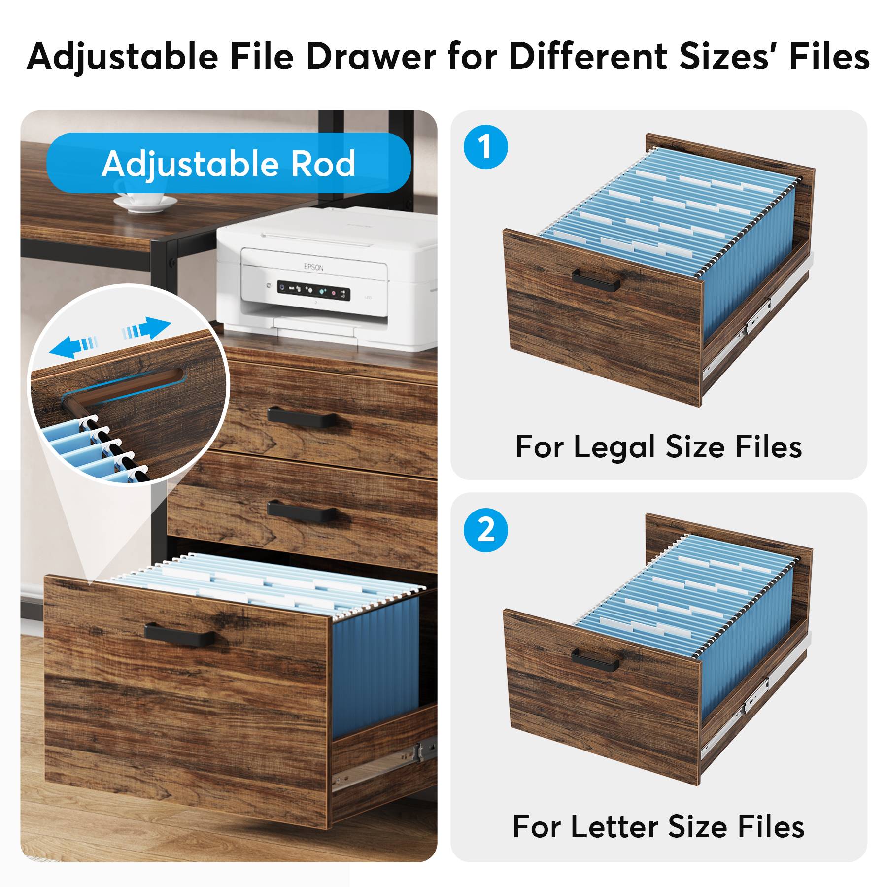 Schreibtisch mit Schubladen, Computertisch, 160x50x90cm, mit Druckerplatz und Monitorständer, Ergonomischer Bürotisch, für Home Office, Tribesigns, 5