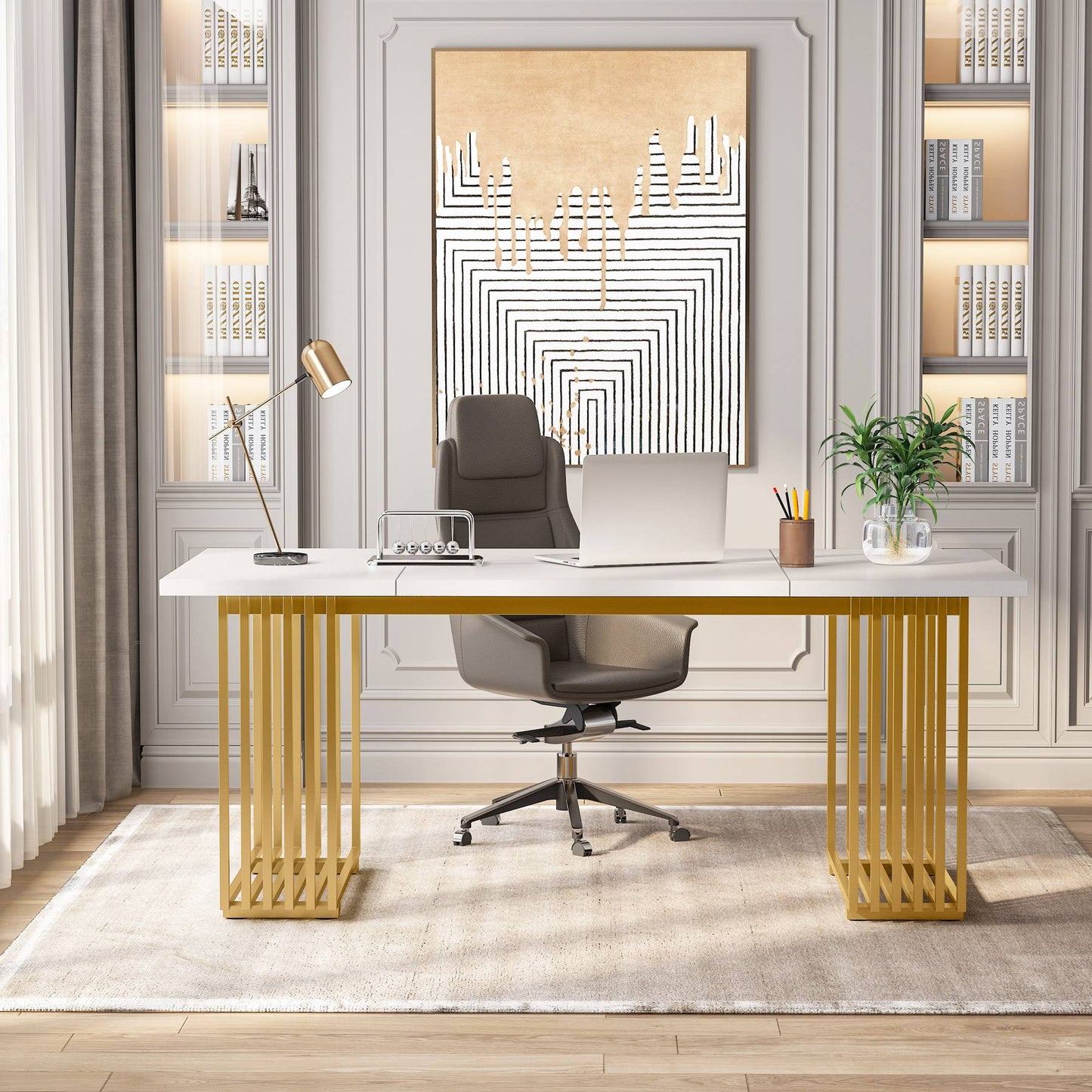 Schreibtisch, 180 x 79 x 78 cm, Computertisch, mit goldenem Beine für Home Office, Bürotisch, Konferenztisch, Weiß Gold, Tribesigns, 4
