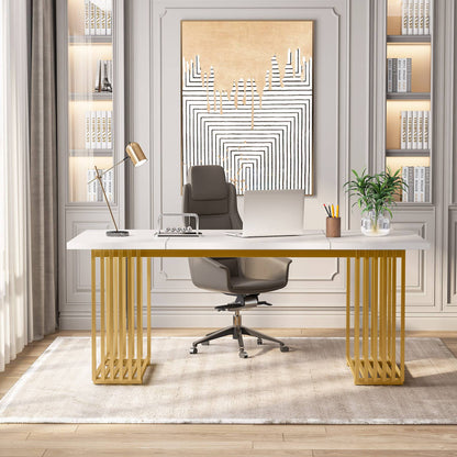 Schreibtisch, 180 x 79 x 78 cm, Computertisch, mit goldenem Beine für Home Office, Bürotisch, Konferenztisch, Weiß Gold, Tribesigns, 4
