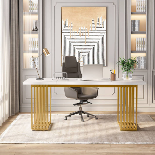 Schreibtisch, 180 x 79 x 78 cm, Computertisch, mit goldenem Beine für Home Office, Bürotisch, Konferenztisch, Weiß Gold, Tribesigns, 4