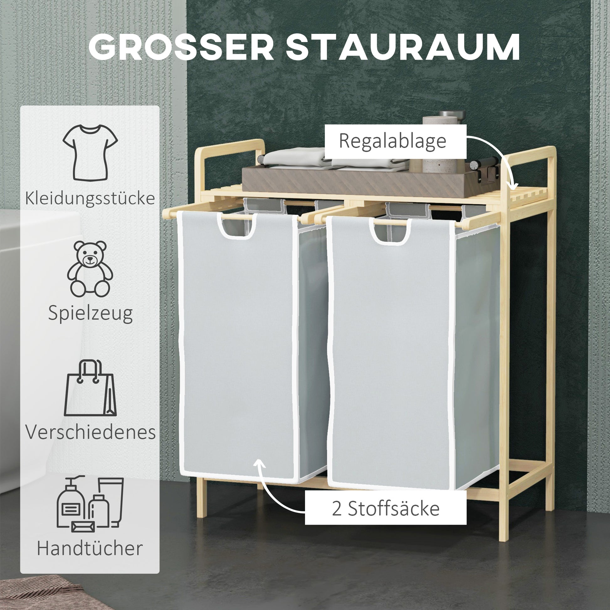 Wäschekorb 2 Fächer, Wäschesammler, Wäschebox, mit abnehmbaren Wäschesäcken, Wäschekorb Regal, Badezimmer Regal, Bambus, Crème, HOMCOM, 4