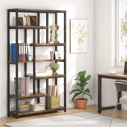 Bücherregal, mit 7 Ebenen, Schmales Regal, 100 x 30 x 200 cm, Bücherständer, Standregal mit Stahlrahmen, Freistehendes Regal, Braun, Tribesigns, 8