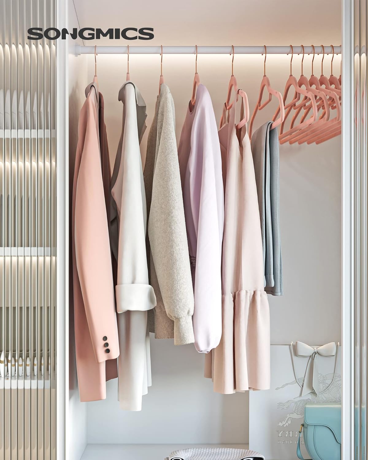 Kleiderbügel Samt, 50er Set, Hosenbügel, 43,5cm, Samtbügel, mit Stange für Krawatten, Roségold-Rosa, SONGMICS, 6