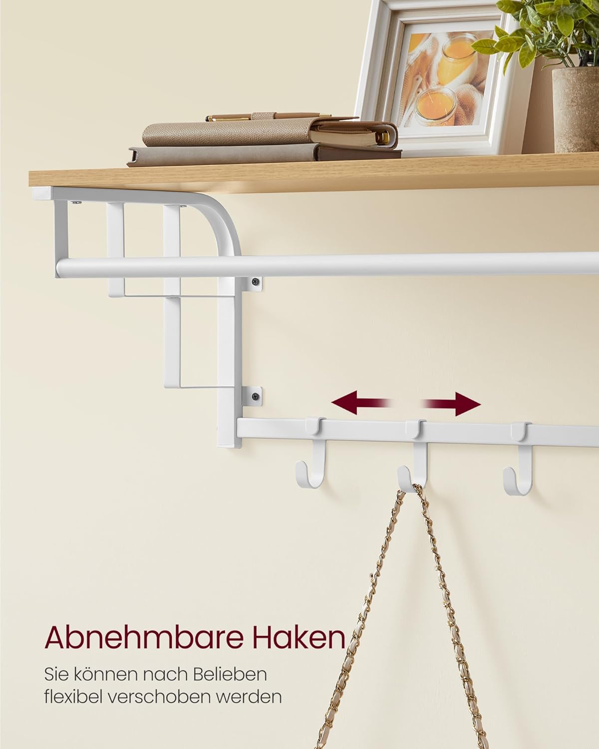 Wandgarderobe, 66x30x27cm, Wandgarderobe mit Ablage, 5 abnehmbaren Haken, Eichen-Weiß, VASAGLE, 1