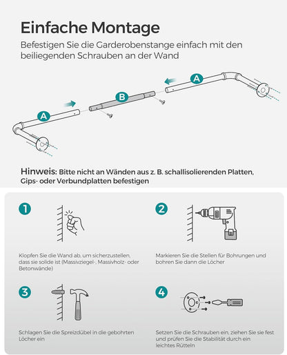 Kleiderstange Wand, 2er Set, Garderobenstangen, bis 60kg, Platzsparend, Kleiderstange Wandmontage, Schwarz, SONGMICS, 1