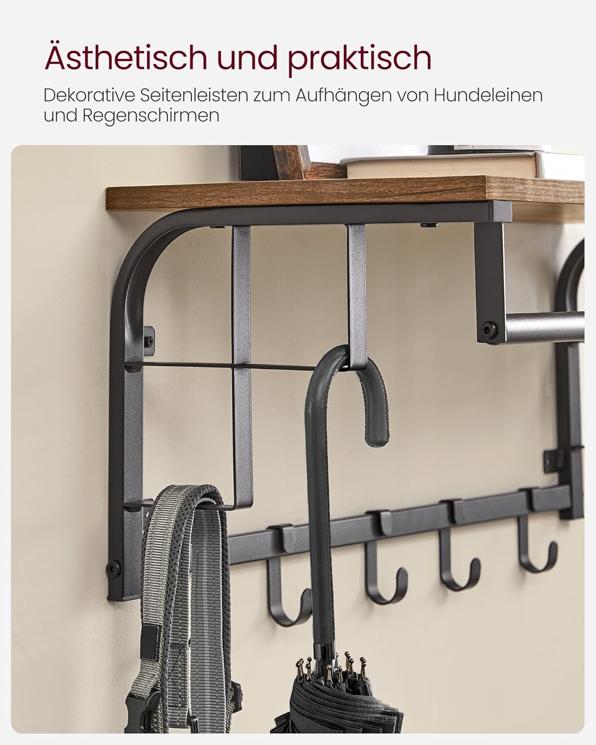 Wandgarderobe, 66x30x27cm, Wandgarderobe mit Ablage, 5 abnehmbaren Haken, Rustikales Braun, Schwarz, VASAGLE, 1