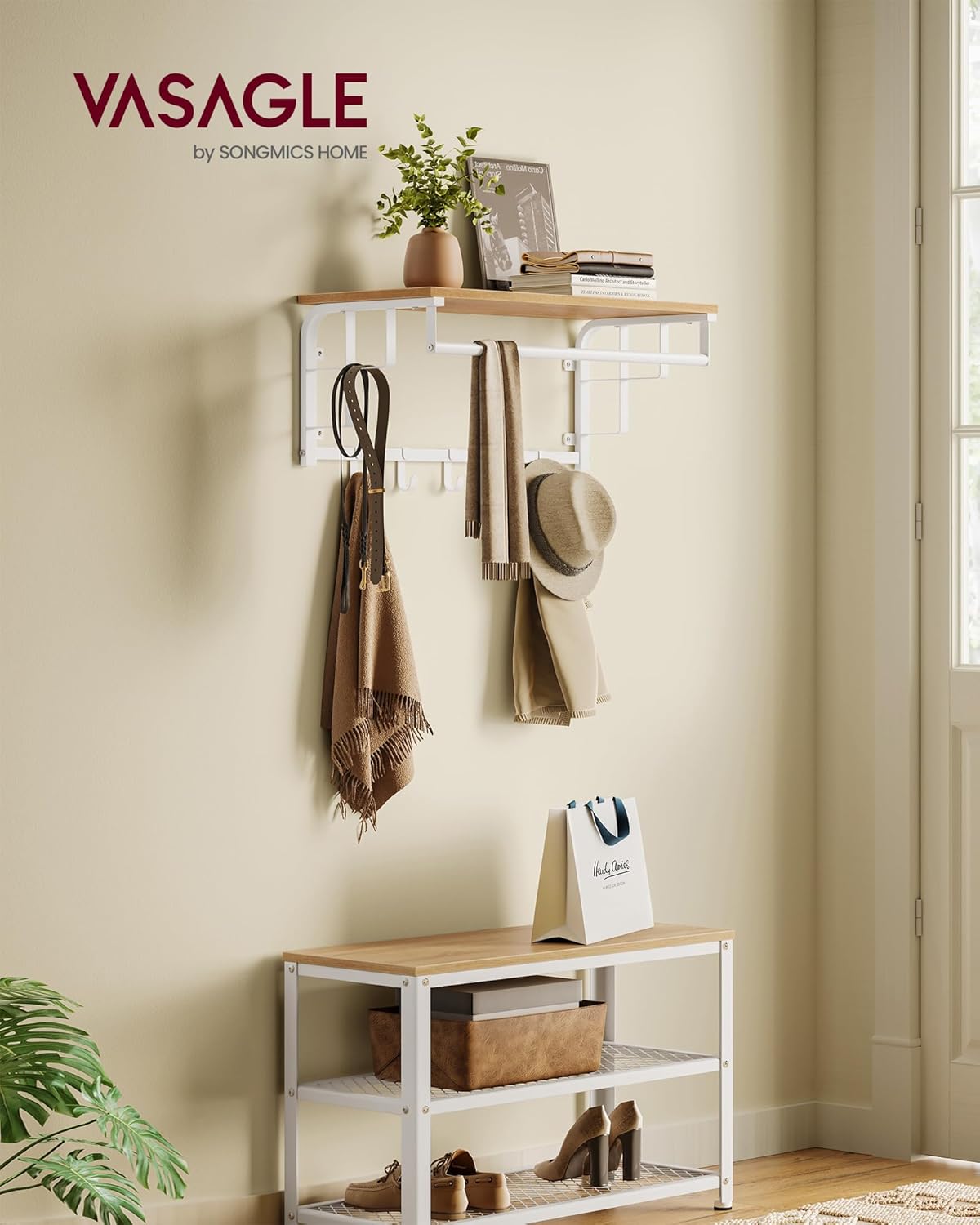 Wandgarderobe, 66x30x27cm, Wandgarderobe mit Ablage, 5 abnehmbaren Haken, Eichen-Weiß, VASAGLE, 1