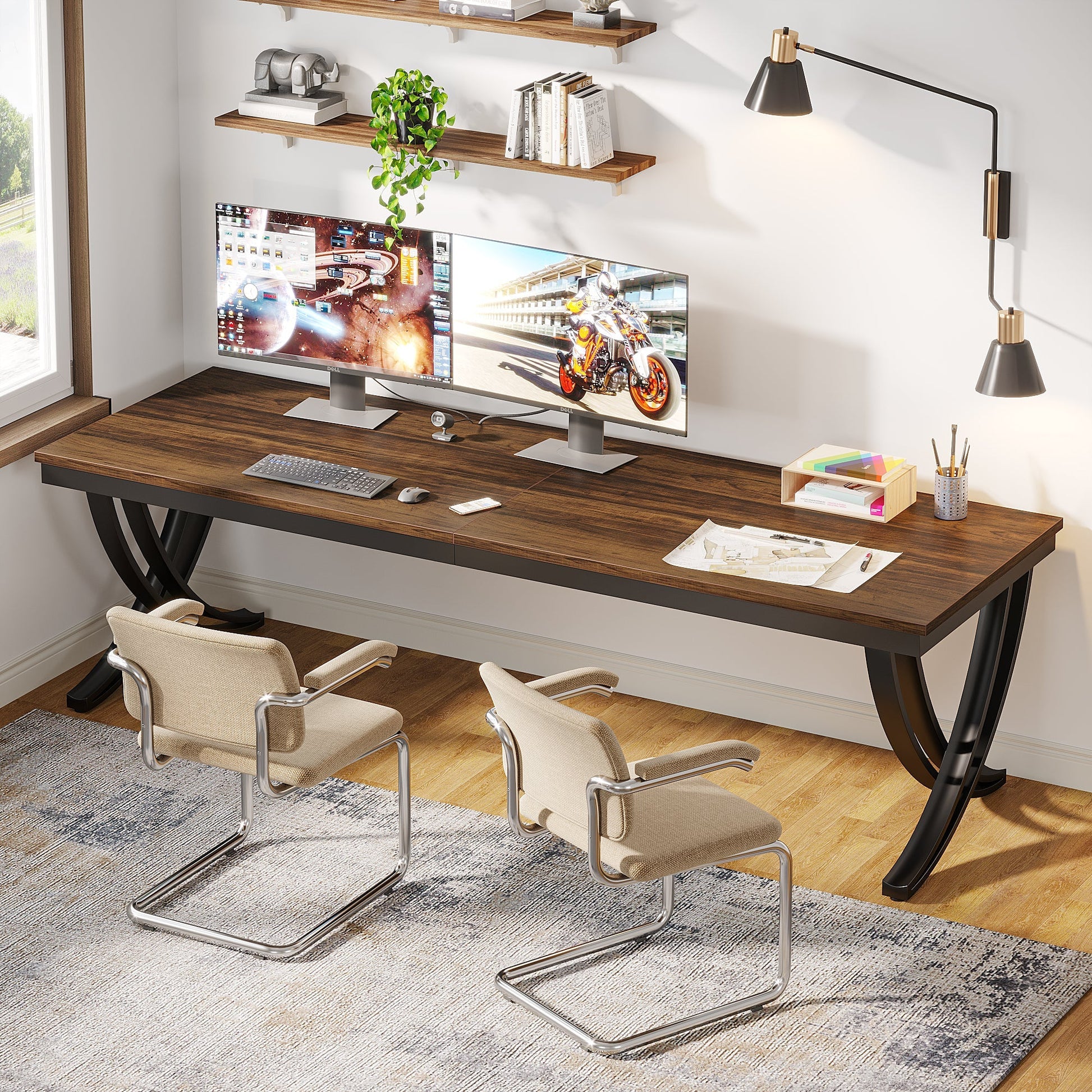 Schreibtisch, 200 x 70 x 75 cm, Konferenztisch, für 6–8 Personen, Bürotisch, für Meeting, mit starkem Metallrahmen, Braun, Tribesigns, 3