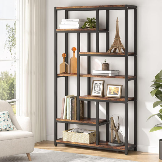 Bücherregal, mit 7 Ebenen, Schmales Regal, 100 x 30 x 200 cm, Bücherständer, Standregal mit Stahlrahmen, Freistehendes Regal, Braun, Tribesigns, 1