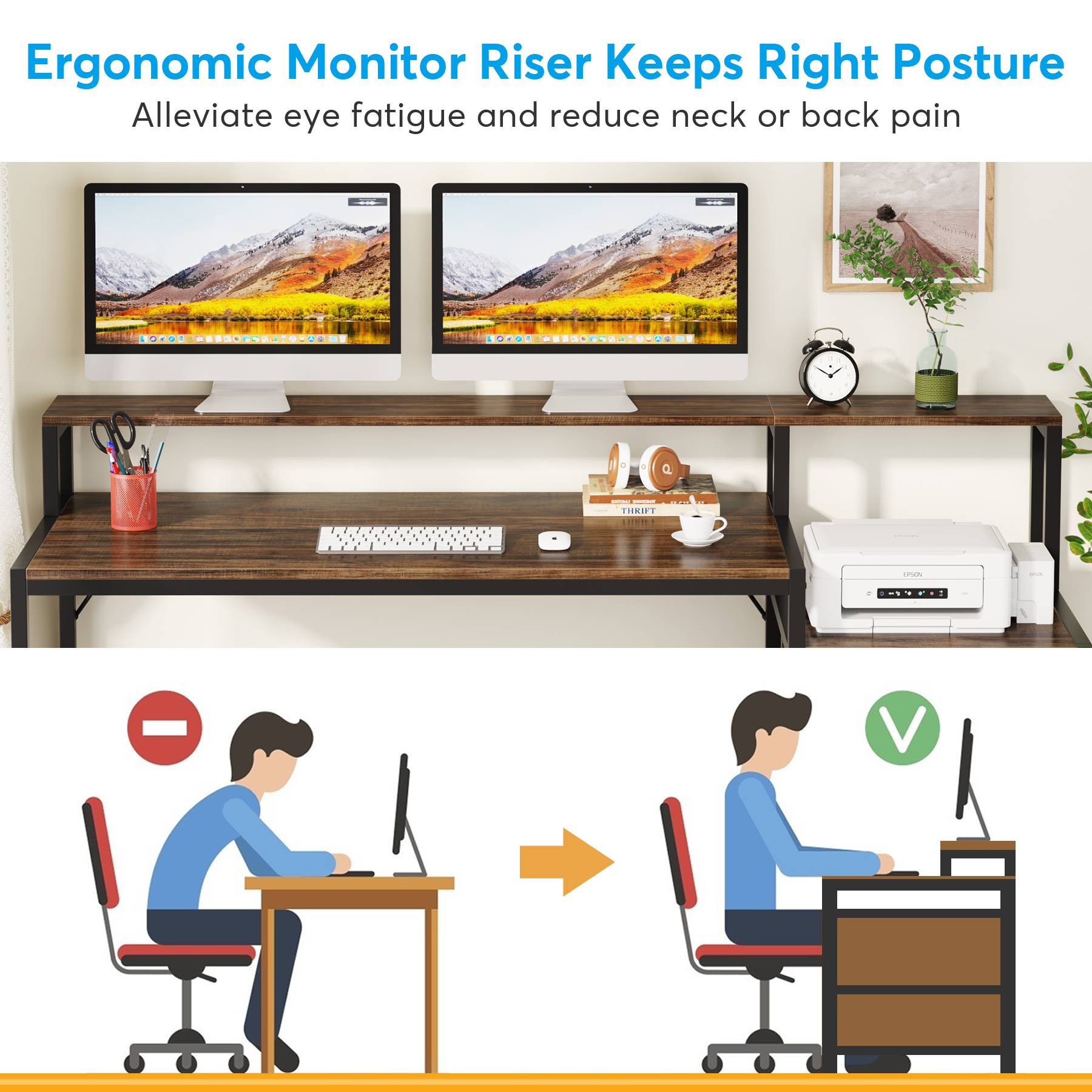 Schreibtisch mit Schubladen, Computertisch, 160x50x90cm, mit Druckerplatz und Monitorständer, Ergonomischer Bürotisch, für Home Office, Tribesigns, 6