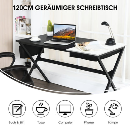 Costway - 120 cm langer Schreibtisch mit Würfelschublade & Seitentasche Computertisch Schwarz+ Weiß