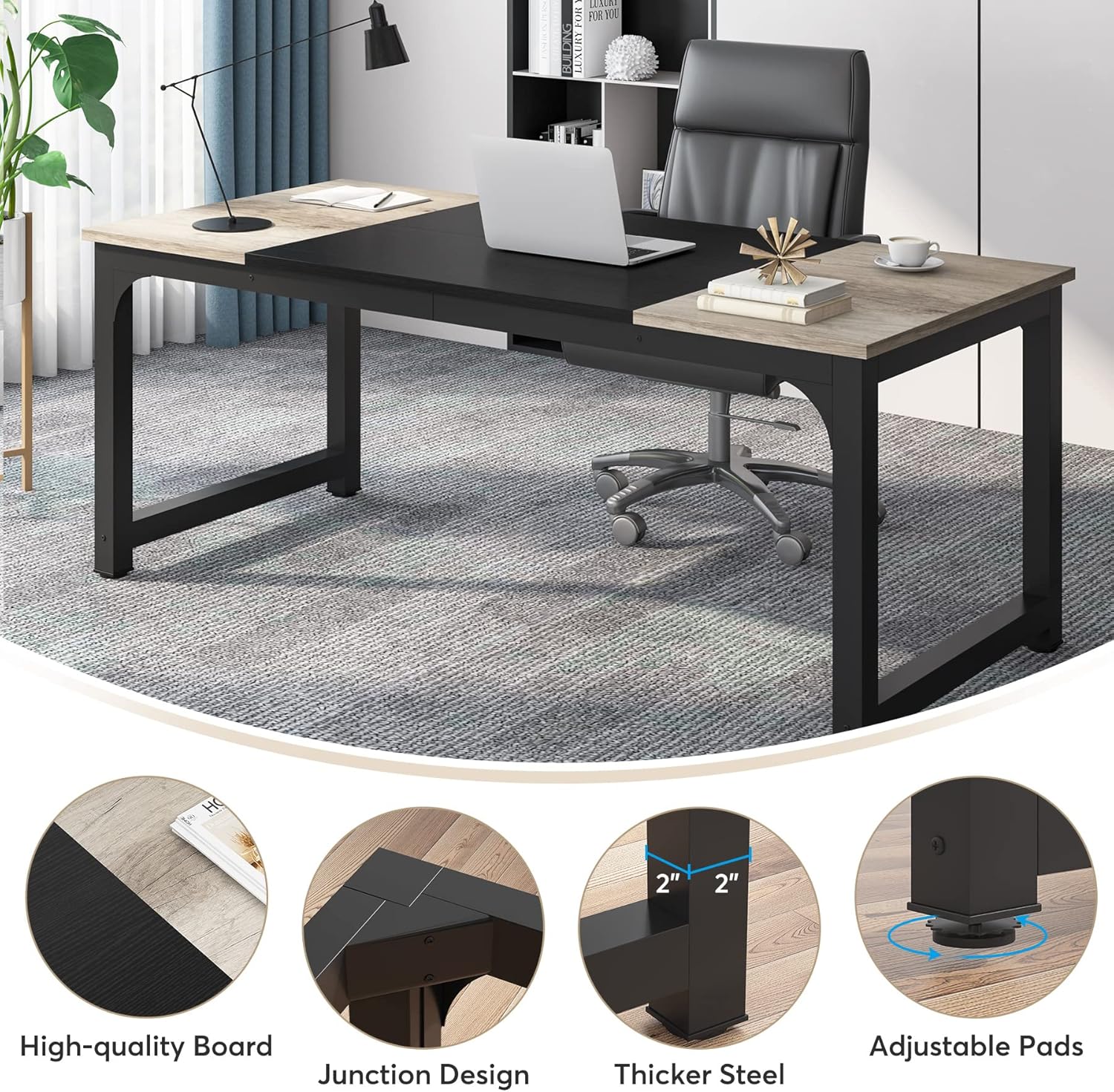 Schreibtisch, 180 x 80 x 75 cm Computertisch, PC Tisch, Bürotisch, für Home Office, Konferenztisch, Vintage-Grau Schwarz, Tribesigns, 6