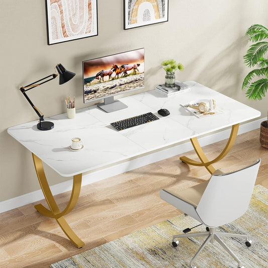 Schreibtisch, 160x80x75 cm, Computertisch, mit Tischplatte aus Kunstmarmor und Metallbeinen, für Home Office, Konferenztisch, Weiß Gold, Tribesigns, 2