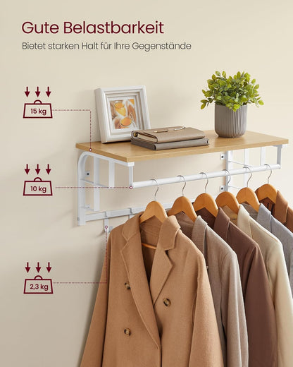 Wandgarderobe, 66x30x27cm, Wandgarderobe mit Ablage, 5 abnehmbaren Haken, Eichen-Weiß, VASAGLE, 1